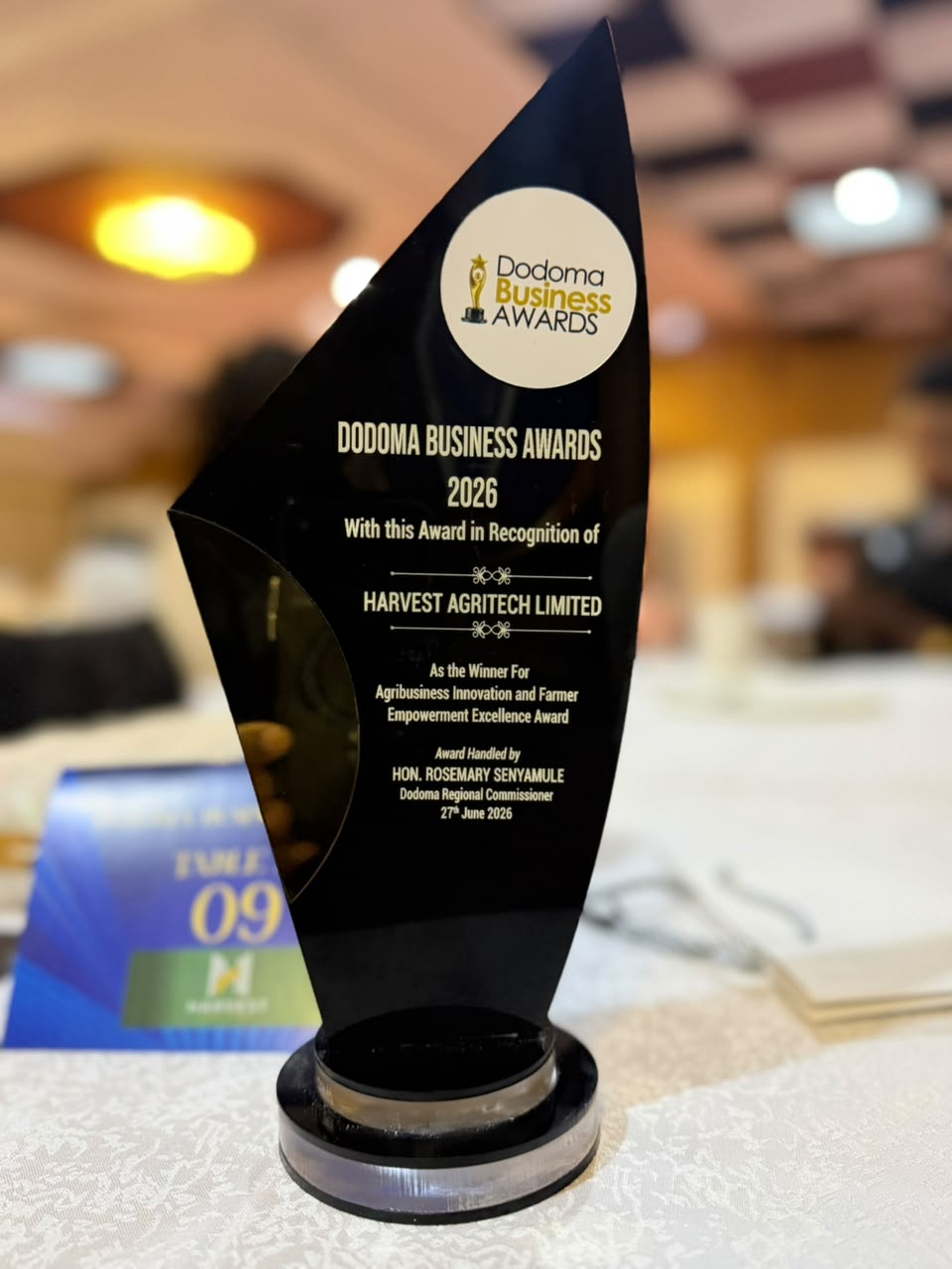 Harvest Agritech Limited award trophy from the Dodoma Business Awards 2026