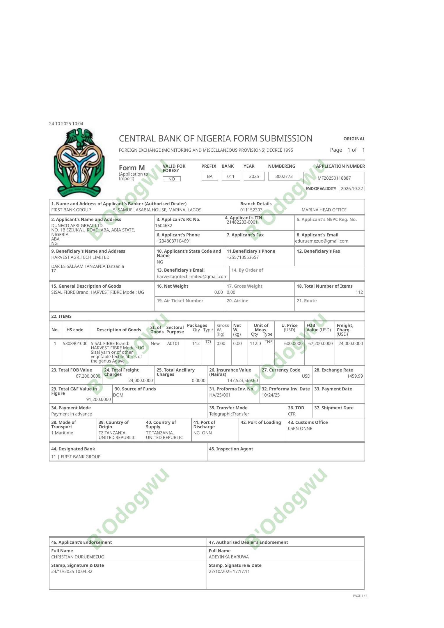 Central Bank of Nigeria — Form M — official certificate of Harvest Agritech Limited
